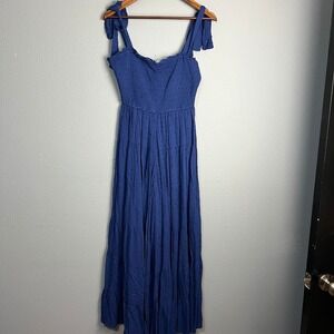 En Creme Crinkled Jumpsuit Wide Legs Smocked Tie Strap Tiered Casual Blue Size S